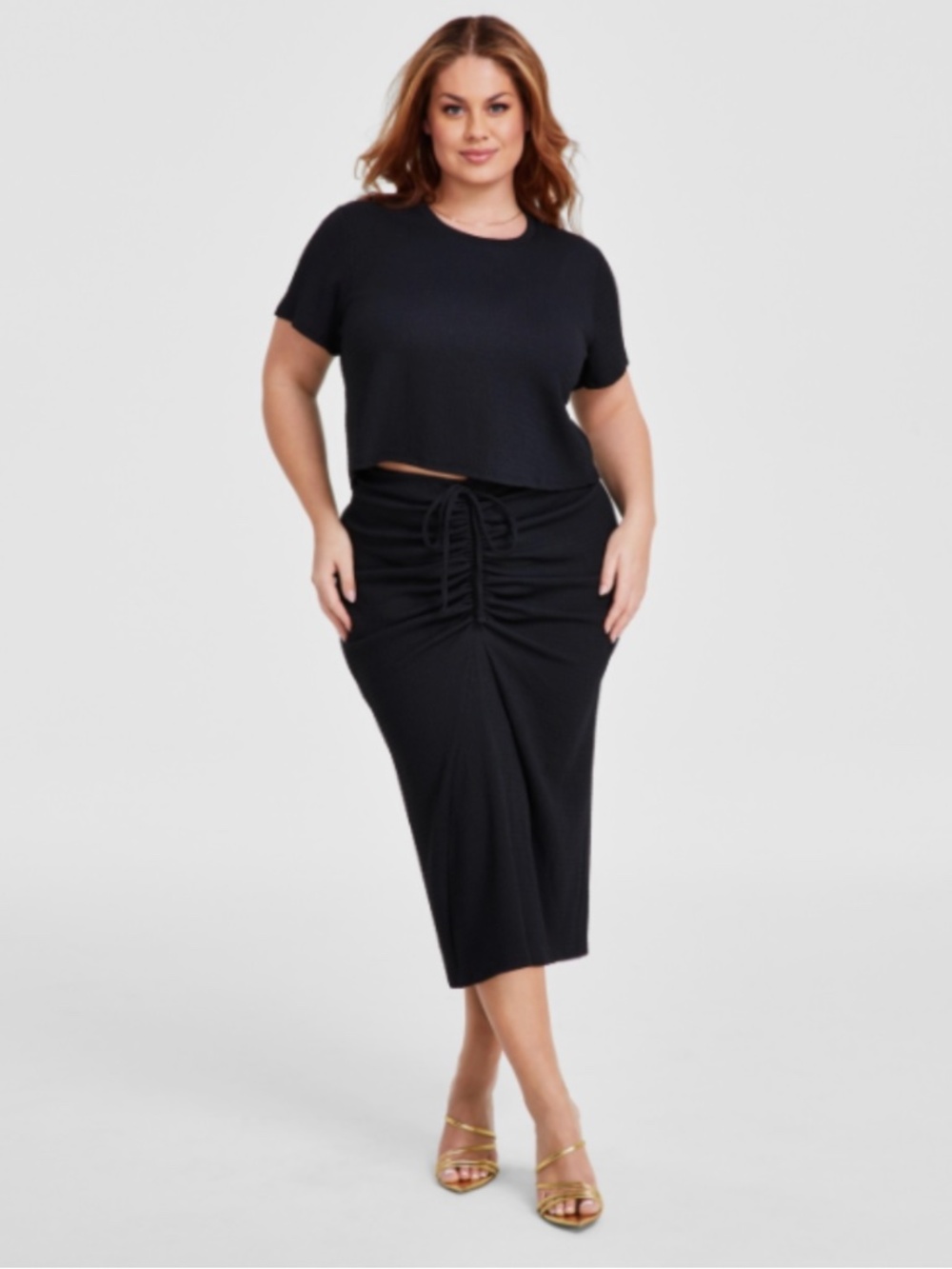 Nina Parker Textured Drawstring-Ruched Skirt - Black NWT/Plus Size 3X &4X/